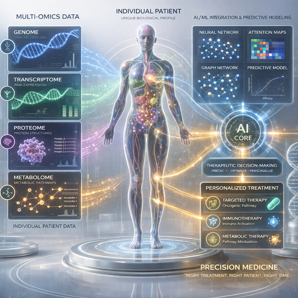AI-driven precision medicine visualization showing data integration, computational models, and therapeutic insights